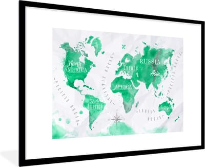 Poster in lijst - Fotolijst 120x80 cm - Posters - Wereldkaart - Olieverf - Groen - Posterlijst zwart - Decoratie - Wanddecoratie woonkamer - Muurdecoratie slaapkamer