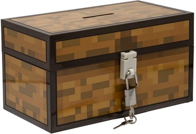 Dailygoods- Spaarpot - Minecraft Kist - 12 cm Hoog - Beveiligd met Hangslot - Spaarbank - Perfect voor Gamers