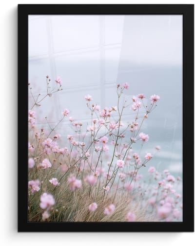 Poster in lijst - Fotolijst 30x40 cm - Posters - Klif - Bloemen - Zee - Roze - Posterlijst zwart - Decoratie - Wanddecoratie woonkamer - Muurdecoratie slaapkamer