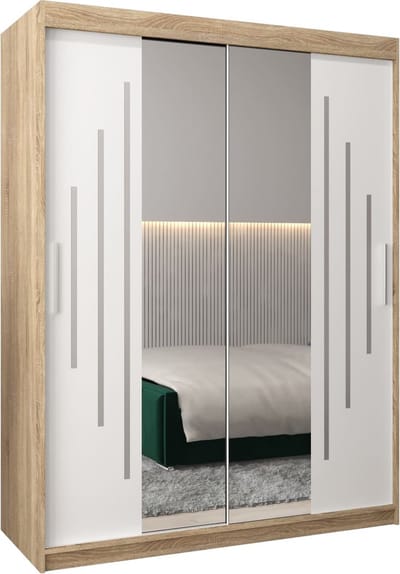 InspireMe - Kledingkast met 2 schuifdeuren, Modern-stijl, Een kledingkast met planken en een spiegel (BxHxD): 150x200x62 - MALTESE I 150 Sonoma Eik + Wit Mat