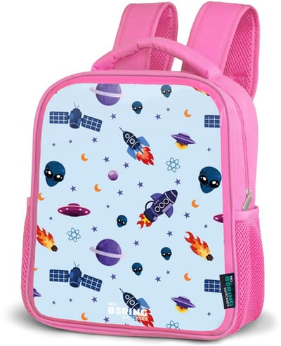 NoBoringSuitcases.com® - Rugzak roze - Schooltas meisjes - Ruimtevaart en buitenaards patroon op lichtblauw - Kinder rugtas meisje - Boekentas kind - Kinderrugzak voor school - Schoolrugzak