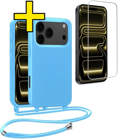 Hoesje Geschikt voor iPhone 17 Pro Hoesje Met Koord Met Screenprotector Siliconen Case - Hoes Geschikt voor iPhone 17 Pro Backcover Met Afneembaar Koord - Lichtblauw