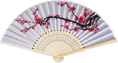 Handwaaier voor dames, opvouwbaar, bamboe waaier met kwast, zijden stof, wanddecoratie, bruiloft, feest (witte bloem)