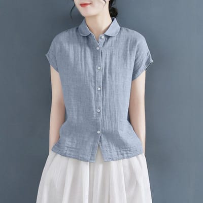 Zomer Polo Kraag Design Katoen Linnen Shirt met Korte Mouwen voor Dames Losse Kleine Vlermuismouwen Katoen Linnen Shirt Grote Maat Linnen Top 2XL blauw