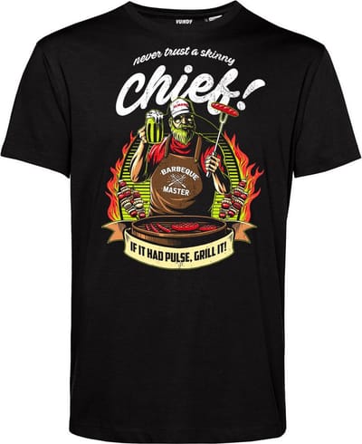 T-shirt Never Trust A Skinny Chief | Vaderdag cadeau | Vaderdag cadeau met tekst | Bbq schort mannen | Zwart | maat XS