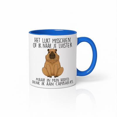 Witte & Blauwe Mok 330ml – Grappige Capibara Quote “Het Lijkt Misschien Of Ik Naar Je Luister… Maar In Mijn Hoofd Denk Ik Aan Capibara’s” Koffiebeker