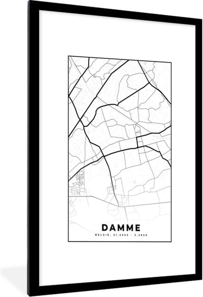Fotolijst incl. Poster Zwart Wit- België – Damme – Stadskaart – Kaart – Zwart Wit – Plattegrond - 60x90 cm - Posterlijst