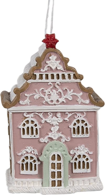 Clayre & Eef Kersthanger Gingerbread house 6x4x9 cm Roze Polyresin