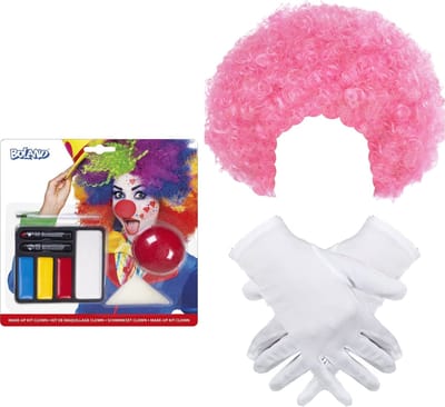Clown verkleed set volwassenen - pruik roze/schmink/neus/handschoenen