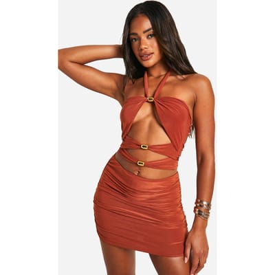 boohoo Dames Dubbele Slinky Cut Out Halternek Top en Mini Rok | Roest | Maat: 44