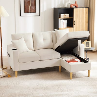 Sweiko Hoekbank - 3-zitsbank - Opbergruimte - met Bekerhouder - 2 kussens - Beige