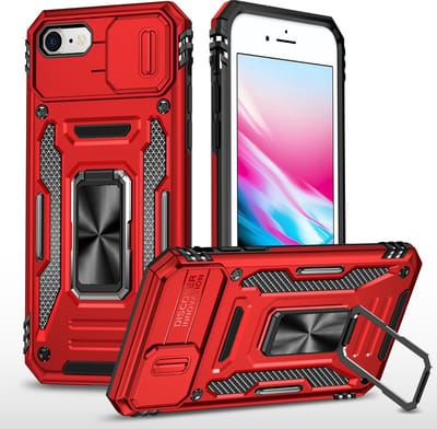 Podec Hoesje geschikt voor iPhone SE Rood Telefoonhoesje - Anti-Shock Case Cover Hybrid Armor Hoes met Kickstand Ring met Screenprotector