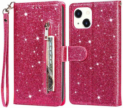 Portemonnee Hoesje - Wallet Case - Rits Sparkly Glitter - Telefoonhoes met Kord Geschikt voor: Apple iPhone 15 Plus - Roze