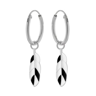 Zilveren oorringen - Ear Jewels - zwart-wit-grijze veer - kinderen
