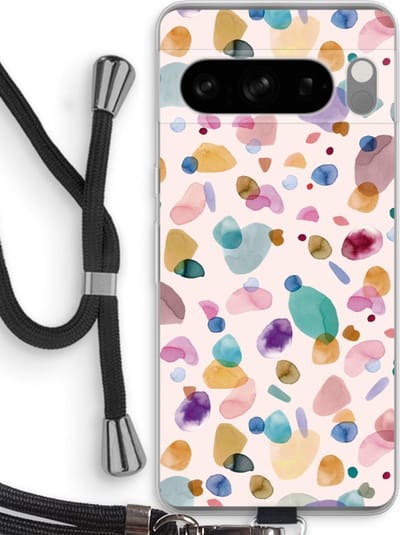 Case Company® - Hoesje met koord geschikt voor Google Pixel 8 Pro hoesje met Koord - Terrazzo Memphis - Telefoonhoesje met Zwart Koord - Bescherming aan alle Kanten en Over de Schermrand