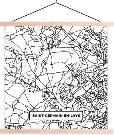 Posterhanger incl. Poster 40x40 cm - Schoolplaat - Plattegrond - Kaart - Frankrijk - Saint-Germain-en-Laye - Stadskaart - Zwart wit - Textielposter - Blanke latten - Stadskaart