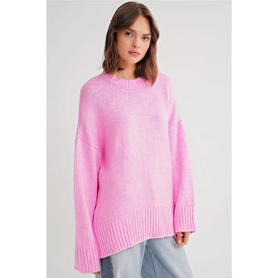 Oversized Geribde Gebreide Trui met Ronde Hals