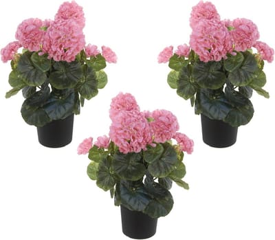 Roze geranium kunstplant in zwarte kunststof pot 35 cm - Set van 3x stuks - Pelargonium Graveolens - Woondecoratie