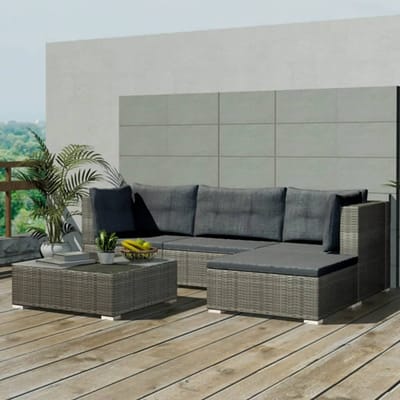 vidaXL - 5-delige - Loungeset - met - kussens - poly - rattan - grijs