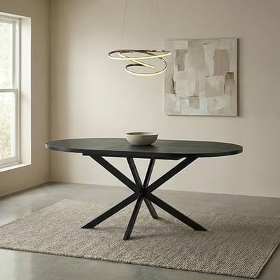 RondoFlex Luxe Uitschuifbare Ronde Eettafel Ø120–160 cm Zwart met Houtlook & Metalen Spiderframe – Modern & Ruimtebesparend