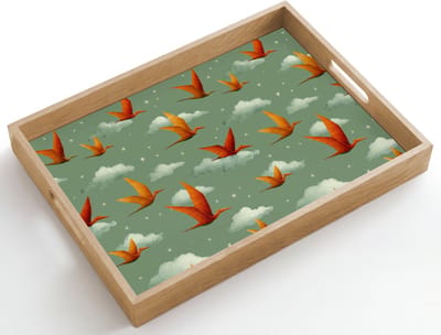 Dienblad hout 50x35 cm - Schootdienblad - Dinosaurussen - Wolken - Sterren - Oranje - Borrelplank rechthoek - Plateau dienbladen