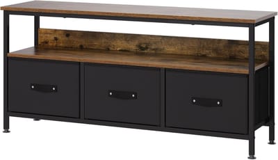 Tv-meubel-met 3 stoffen lades en open plank- houten tv-tafel met verstelbare poten voor woonkamer en slaapkamer- geschikt voor tv's tot 55 inch- 120x57x30-5 cm-bruin