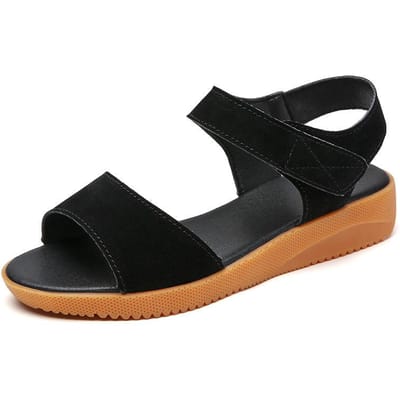 Nieuwe Zomer Zachte Leren Sandalen voor Dames Dragen Veelzijdige Strandschoenen Platte Middelbare Leeftijd en Oude Moeder Sandalen 41 black
