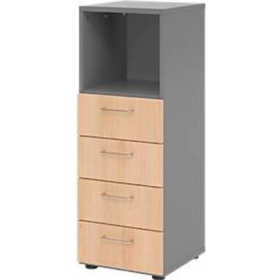 Breno ladekast, 4 laden, 1 vak, metalen handgrepen, B 400 x D 420 x H 1100 mm, grafiet/eiken