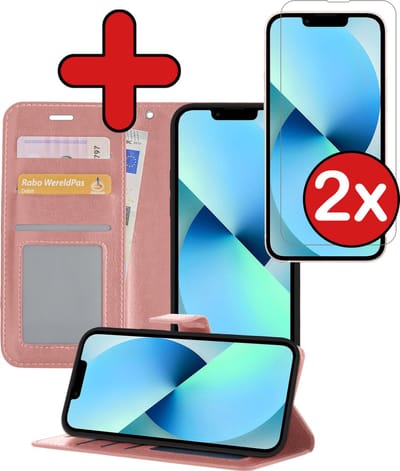 Hoesje - Met 2x Screenprotector - Geschikt voor Apple iPhone 14 - Luxe Pasjeshouder - Flip Case - Bookcase Portemonee - Kunstleer Book Case - Flipcase Hoes - Book Cover - Walletcase - Portemonneehoes - Telefoonhoes - Rosé goud