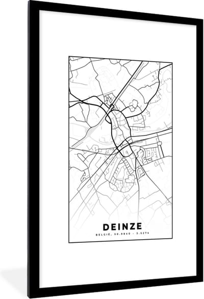 Fotolijst incl. Poster Zwart Wit- Stadskaart – Zwart Wit - Kaart – Deinze – België – Plattegrond - 80x120 cm - Posterlijst
