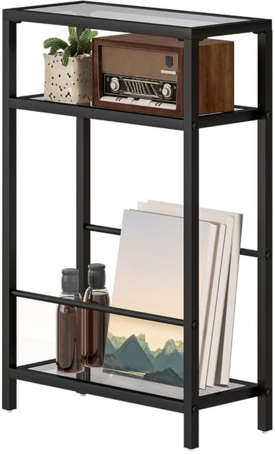 REDOM Drielaags Bijzettafeltje 40x18x62 cm – Smal Zwart Glazen Tafel met 3 Geharde Planken & Stalen Frame
