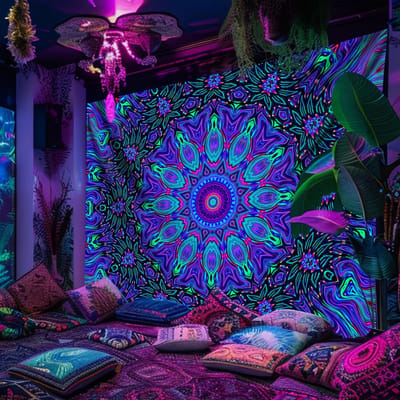 Psychedelisch Mandala Fluorescerend Wandkleed, Neemt U Mee naar een Kleurrijke WereldUV wandkleed slaapkamer huisfeest decoratie W100xH75cm blue