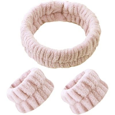 Ainy - Haarband en Polsbandjes Set Roze - Hoofdband voor wassen gezicht - gemakkelijk tijdens gezichtsreiniging, gezichtsverzorging en make up sessie - Waterabsorberend en wasbaar