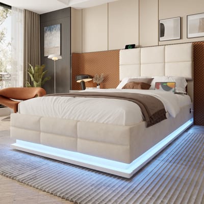 DESMIU Gestoffeerd Bed 90x200 cm – Verstelbaar Hoofdbord met LED en USB-C – Hydraulisch Liftmechanisme – Opbergruimte – Slaapkamer – Fluweel – Beige – Zonder Matras