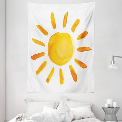 ABAKUHAUS Geel Wandtapijt, Aquarel Sun Childish, Woonkamer Slaapkamer Wanddoek Zijdezacht Satijn Wandtapijt, 150 x 200 cm, Geel