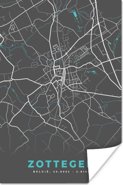 Poster België – Zottegem – Stadskaart – Kaart – Blauw – Plattegrond - 120x180 cm XXL