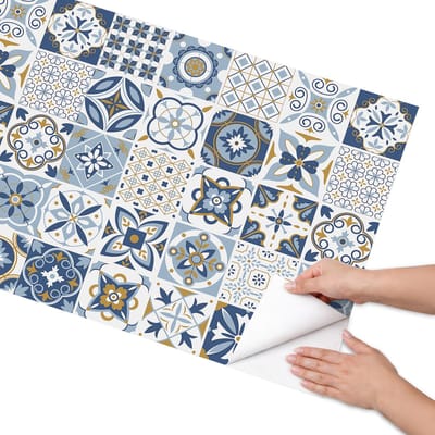Coloray Meubel Wrap Folie - Blauw Meubelfolie - 65x130 cm - Wrapfolie Keuken Retro tegels - Decoratiefolie - Retro Meubelfolie - Meubel Wrap Folie - Woonkamer decoratie - Achtergronden en patronen