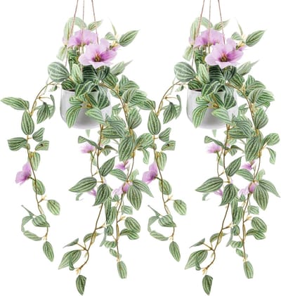 Set van 2 Nepplanten voor Wanddecoratie - Kunstmatige Klimop met Paarse Bloemen voor Thuis en Woonkamer