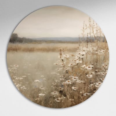 Sereen Bloemrijk Landschap Muurcirkel - Luxe Muurcirkel 40x40 cm op Dibond - Sfeervolle Wanddecoratie voor Woonkamer & Slaapkamer