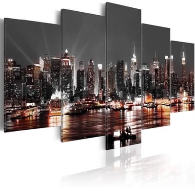 Schilderij - Grijze Stad , New York in de Nacht , 5 luik