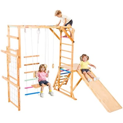 VEVOR Indoor Speeltuin Klimrek (8-in-1) gemaakt van hout, draagvermogen 100 kg. Montessori klimspeelgoedset met schommels/klimrek/glijbanen/houten ladder/touwladder/klimnet/paal.