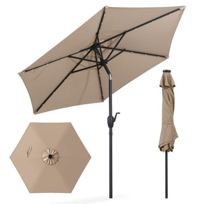 Coast Zonnescherm - Zonne-Energie - LED-verlichting - Kantelbaar tot 35° - Zwengelmechanisme - Geventileerd doek - 230 cm - Zwart
