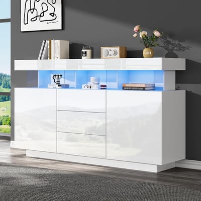 Dressoir Hoogglans Wit met LED Verlichting en 3 Laden – 140x35x80 cm – Moderne Sideboard Kast met 2 Schuifdeuren en 16 Kleuren Lichtstrip – Opbergkast voor Woonkamer, Eetkamer en Hal – Bella