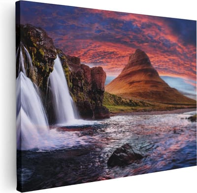 Artaza Canvas Schilderij Landschap IJsland - 40x30 cm - Klein - Wanddecoratie Waterval - Muurdecoratie Zonsondergang - Kamer Accessoires Natuur