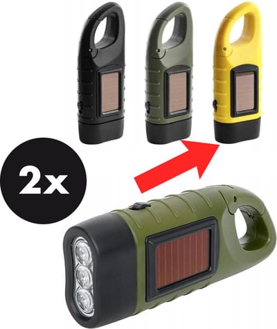 Actie4you® - Dynamo zaklamp met Zonnecel - 3 LED’s – Handmatig en Zonne-energie Aangedreven – Survival zaklamp – 2 Stuks – Geel