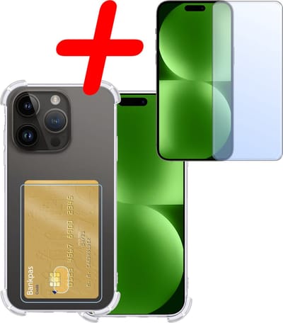 Hoesje Geschikt voor Apple iPhone 15 Pro - Met Screenprotector - En Pashouder - En Kaarthouder - Telefoon Hoes Shockproof - Siliconen Case - Back Cover - Shock Proof - Pasjes Houder - Transparant