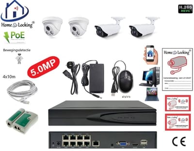 Home-Locking complete set PoE camera beveiligingssysteem met bewegingsdetectie camera's en NVR 8ch 8MP H265 met 2 bullet en 2 dome camera's 1944P 5.0MP. CS-4-1456
