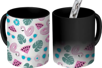 Magische Mok - Foto op Warmte Mokken - Koffiemok - Zomer - Patroon - Flamingo - Monstera - Magic Mok - Beker - 350 ML - Theemok