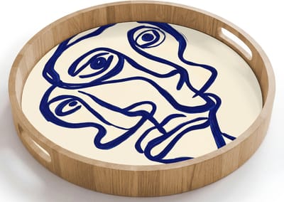 Dienblad rond 40x40 cm - Schootdienblad hout - Lijntekening - Overlappende gezichten - Donkerblauw - Borrelplank rechthoek - Plateau houten dienbladen
