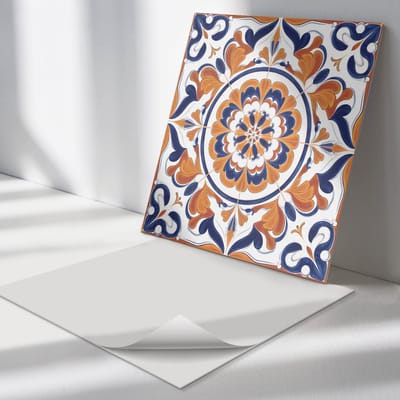 Wallfluent Vinyl Tegels - Bloemenpatroon in Een Cirkel Zelfklevende Vinyl Tegels - 30 cm x 30 cm - Oranje Vinyl Tegels - 9 stuks - Vierkant PVC Tegels - Texturen Plaktegels - Vinyl Wandtegels - Plaktegels Keuken en Badkamer